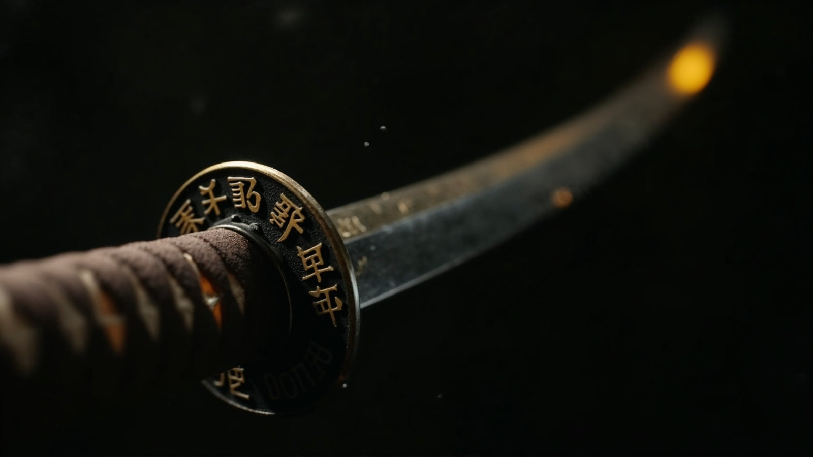 Iconic Hattori Hanzo sword replica from Kill Bill with gold handle and black scabbard, cinematic lighting