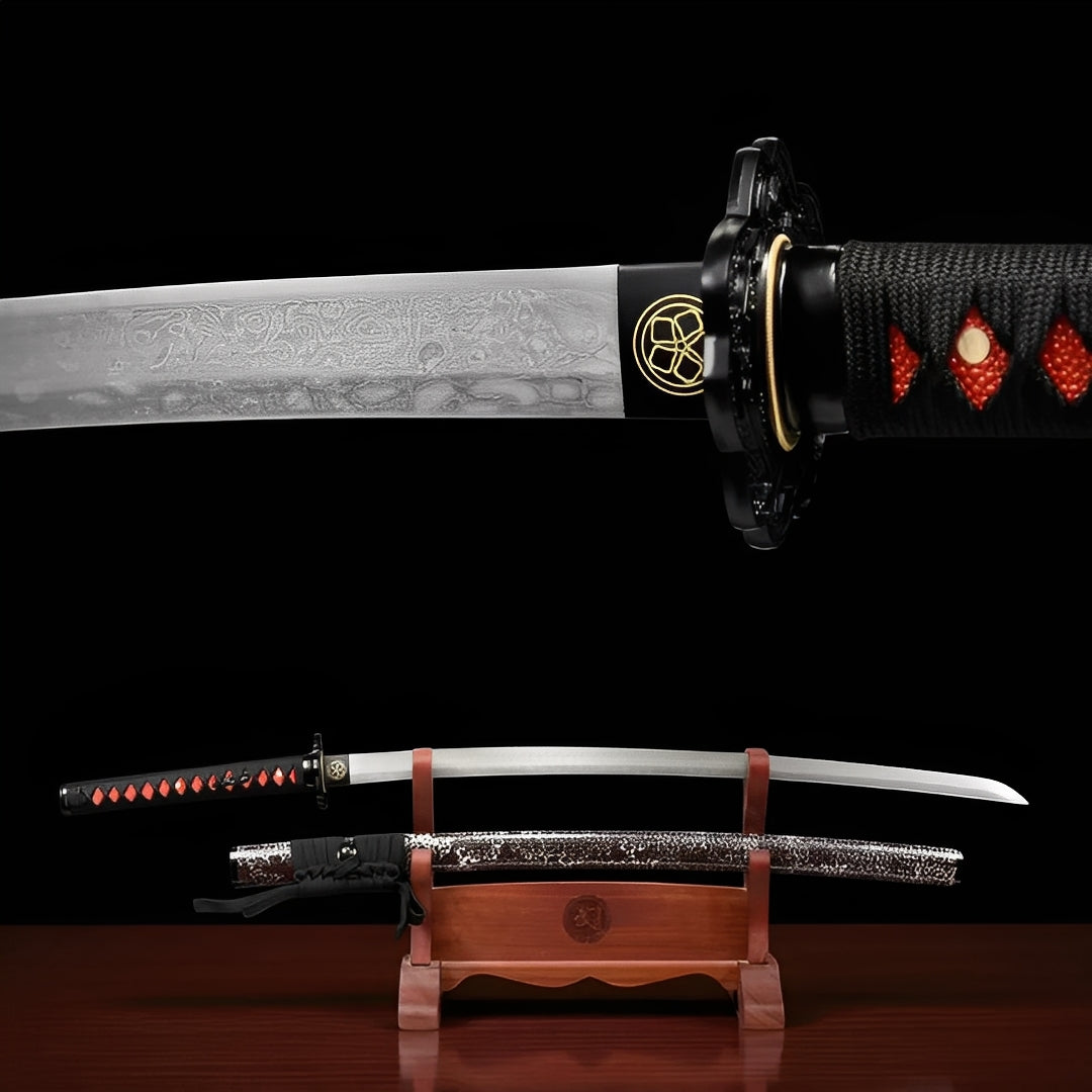 Akanokiba katana full view on natural wood stand with dark brown crackle-texture saya and polished Damascus blade drawn showing full folded grain