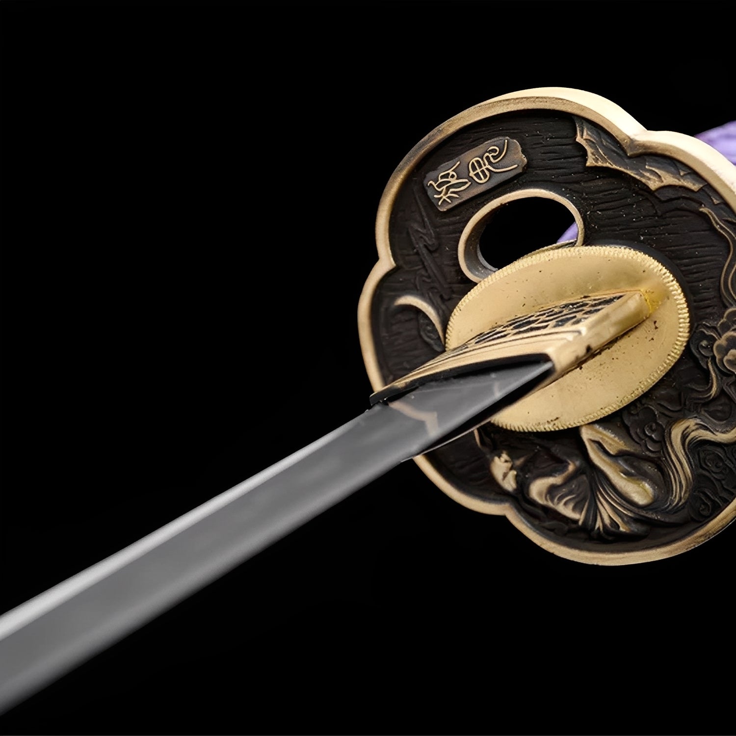 Amethyst Nebula katana saya detail showing amethyst purple lacquer with golden nebula pattern and cosmic scatter