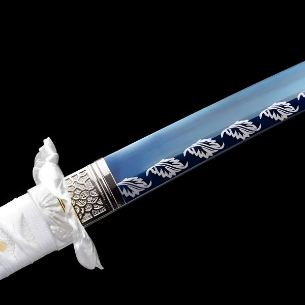 Angel Katana Sword T10 steel blade with leaf engravings partially drawn from silver scabbard