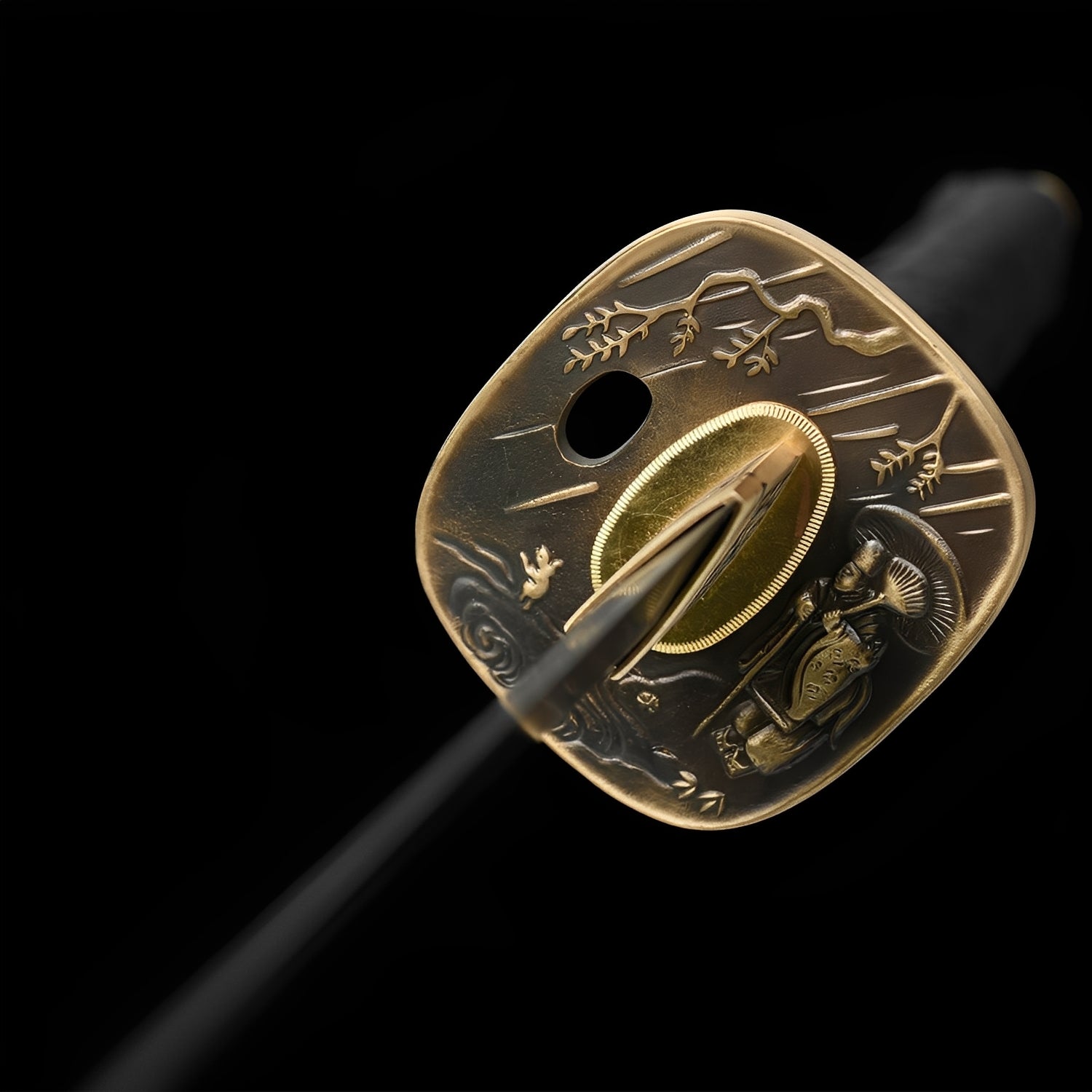 Aurora katana saya detail showing scattered golden circles, rings, and star patterns on glossy black lacquer with genuine horn koiguchi