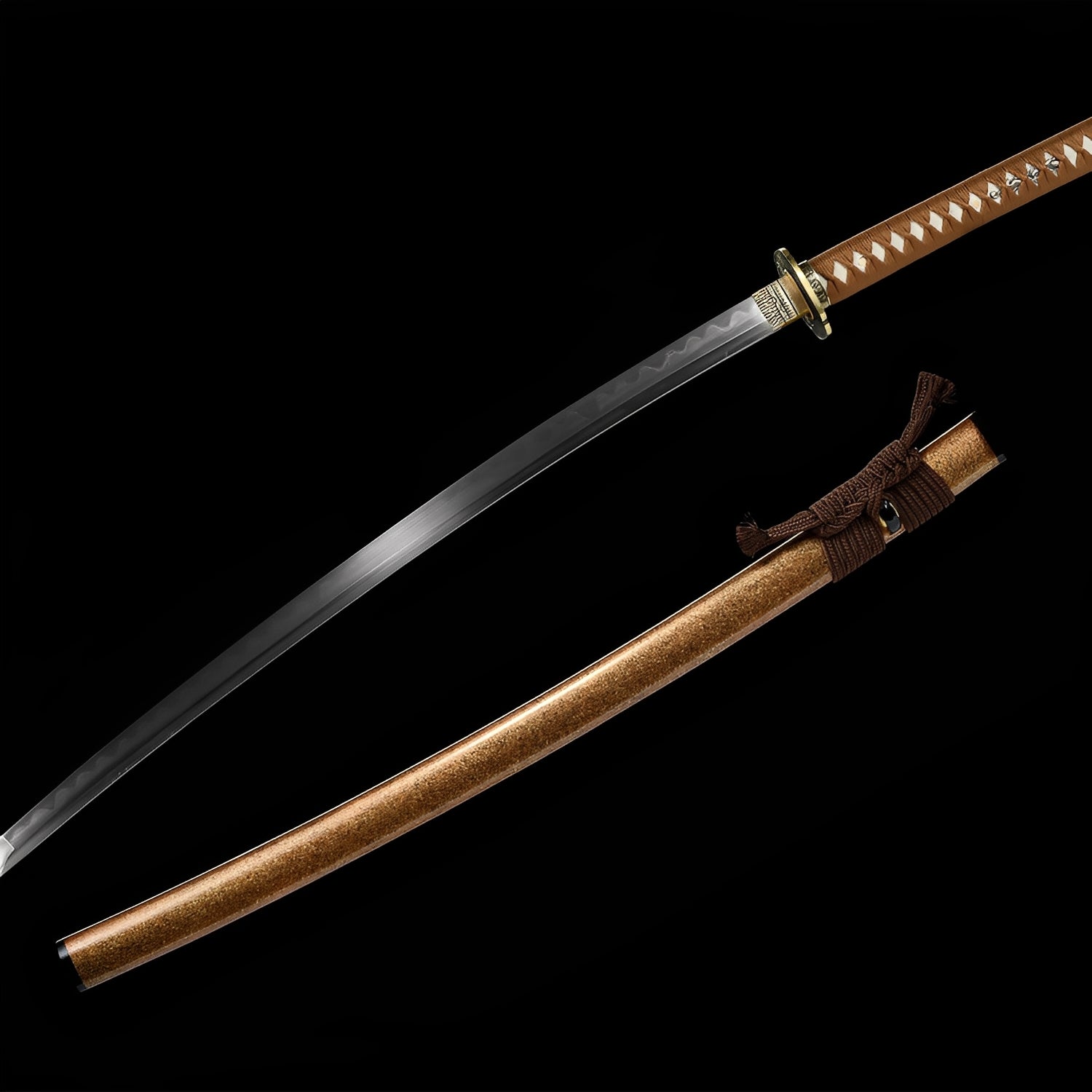 Autumn wind katana complete set with copper saya, brown braided handle, textured secondary saya, horn fittings, and display stand