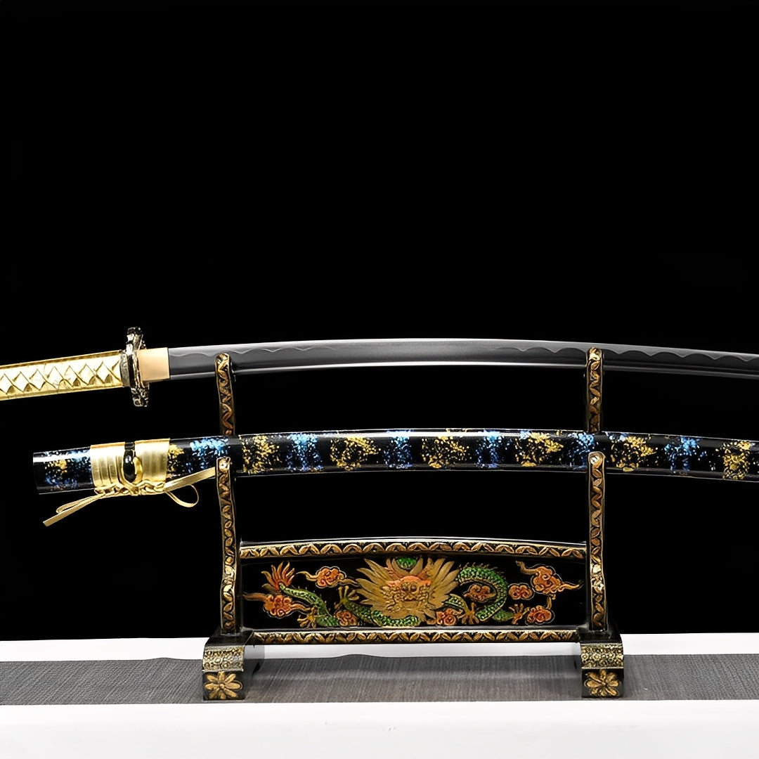 Cosmic katana complete set with splatter saya, chrome dragon guard, gold handle, and gold-trimmed stand