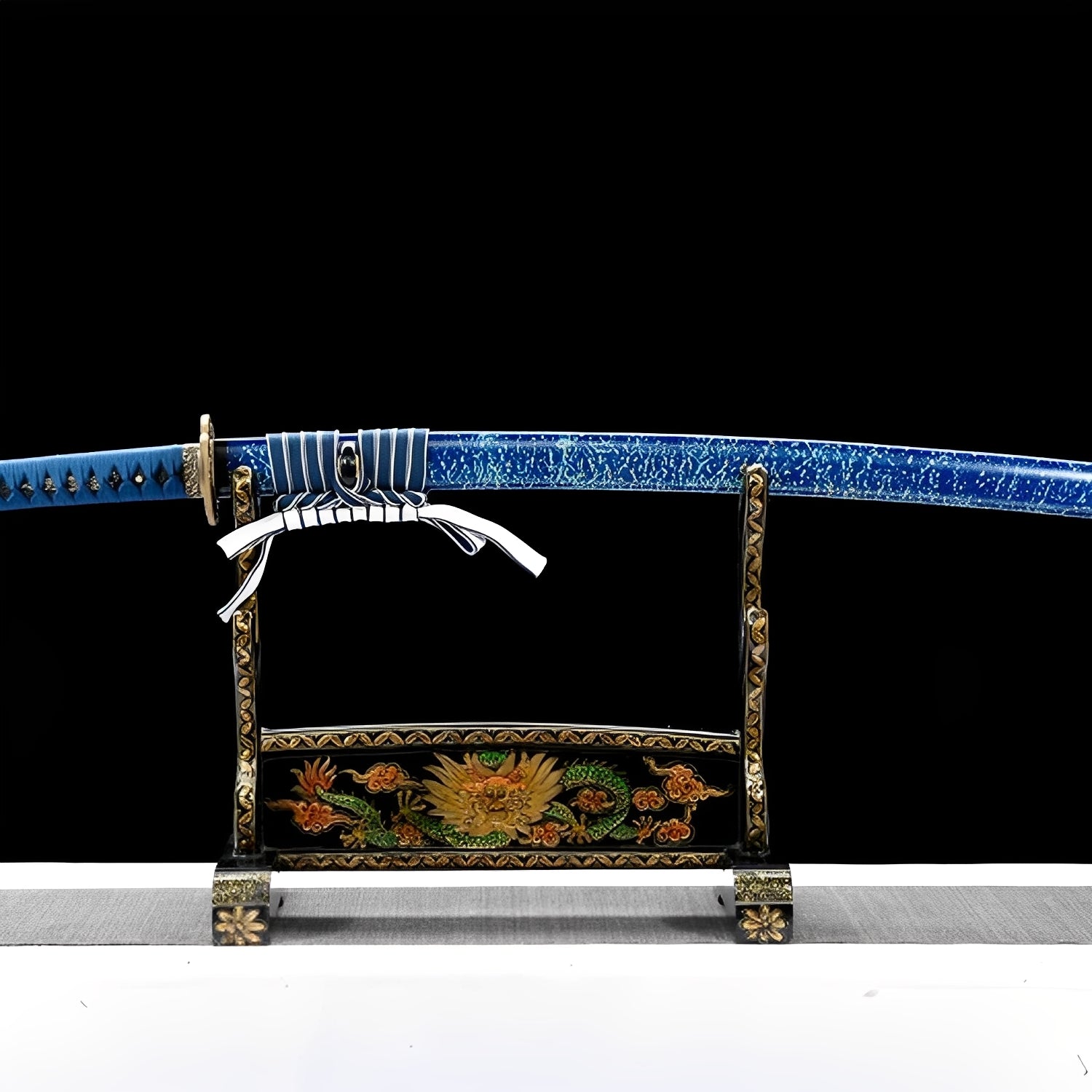 Crystal sky katana complete set with teal saya, blue splatter saya, turquoise handle, blue-white striped sageo, and display stand
