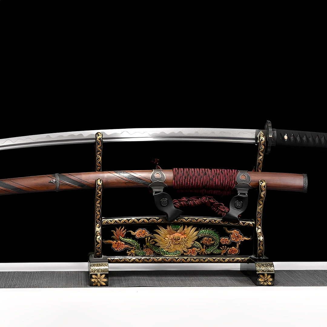 Damascus katana with natural rosewood dragon saya, black handle, gold diamond tsuba badge, and display stand