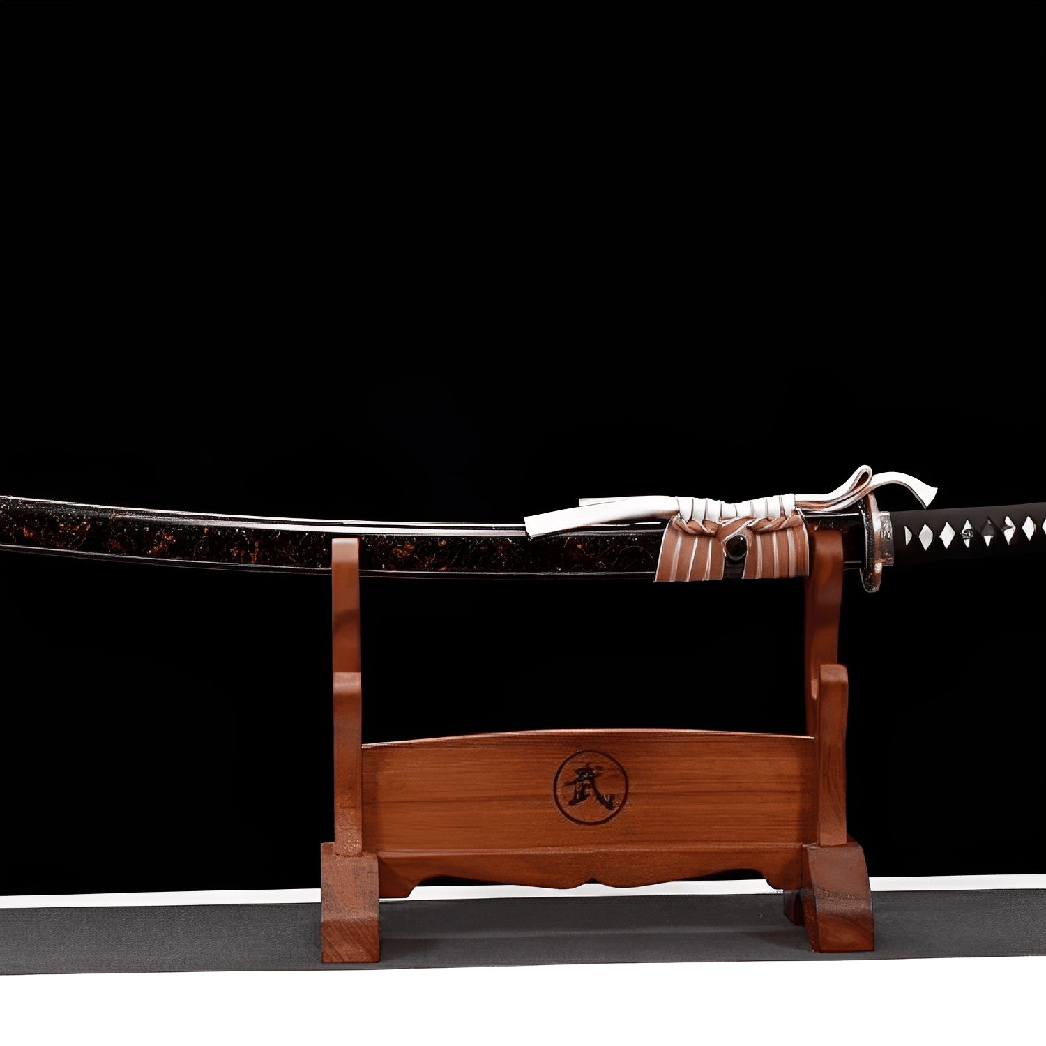 Ember knight katana complete set with black copper saya, cream warrior-silhouette saya, peach sageo, and wooden display stand