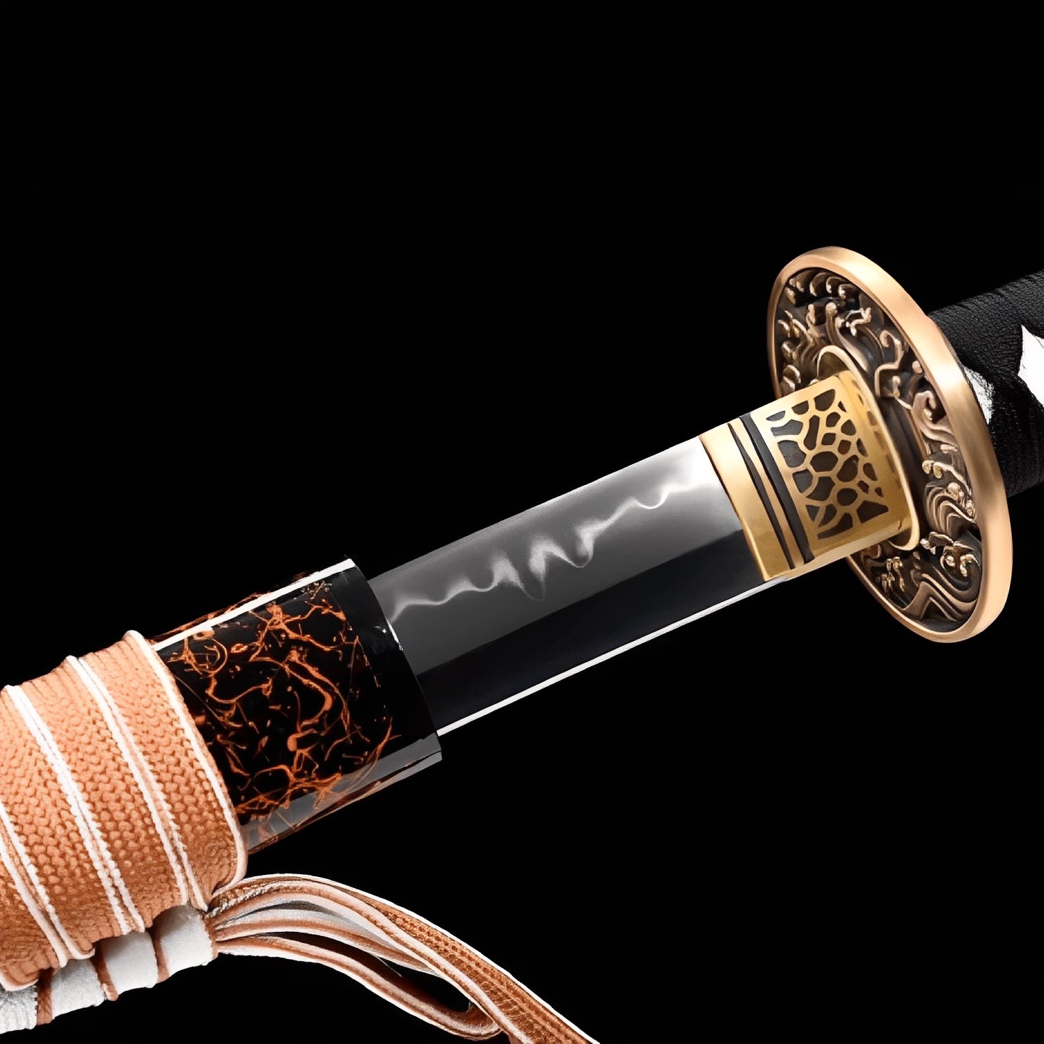 Enbanaito Katana close-up showing T10 polished blade with authentic hamon and wave engravings, brass dragon openwork tsuba with gold rim, honeycomb habaki, and black cotton ito over genuine rayskin