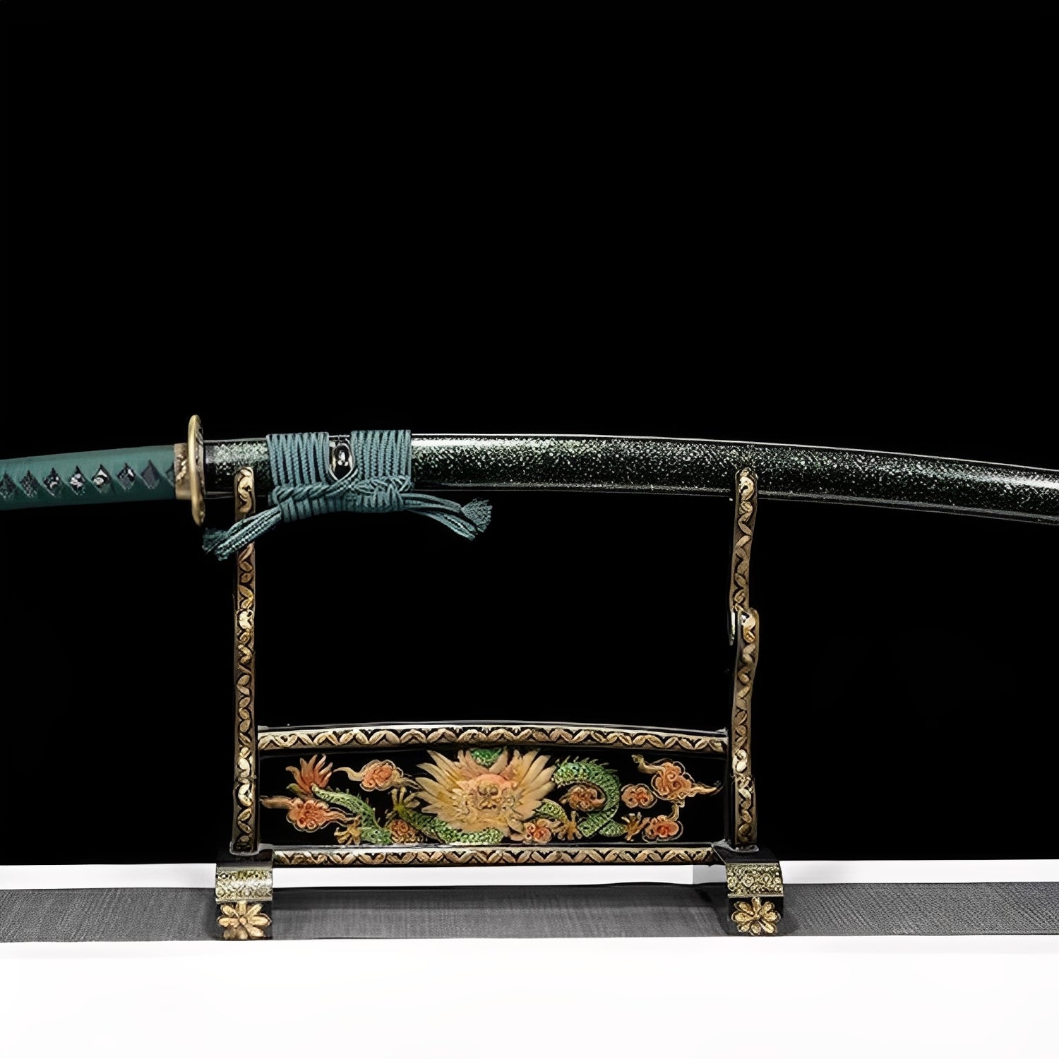Forest jade katana complete set with green splatter saya, emerald handle, sage green sageo, and black-gold display stand