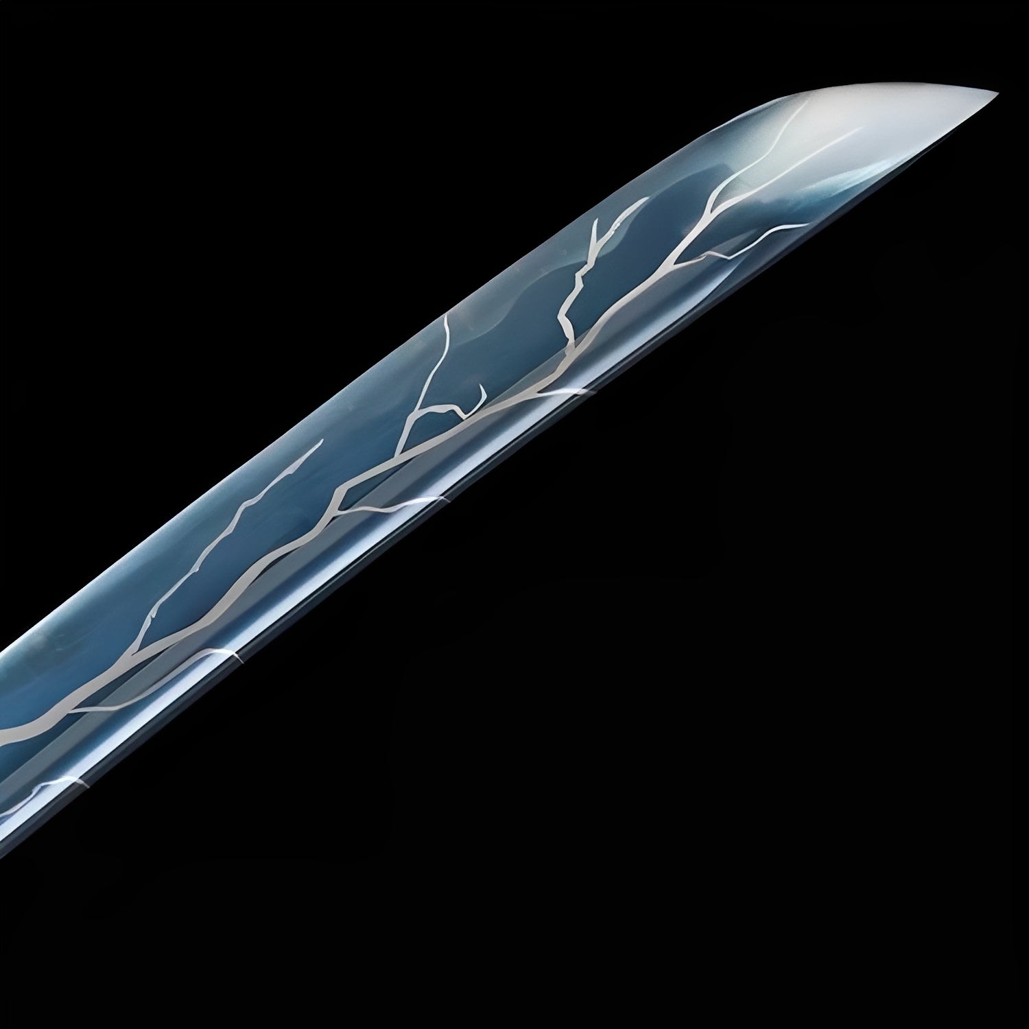 Lightning katana blade detail showing dimensional white lightning bolts branching across deep blue finish on 1060 carbon steel with bo-hi