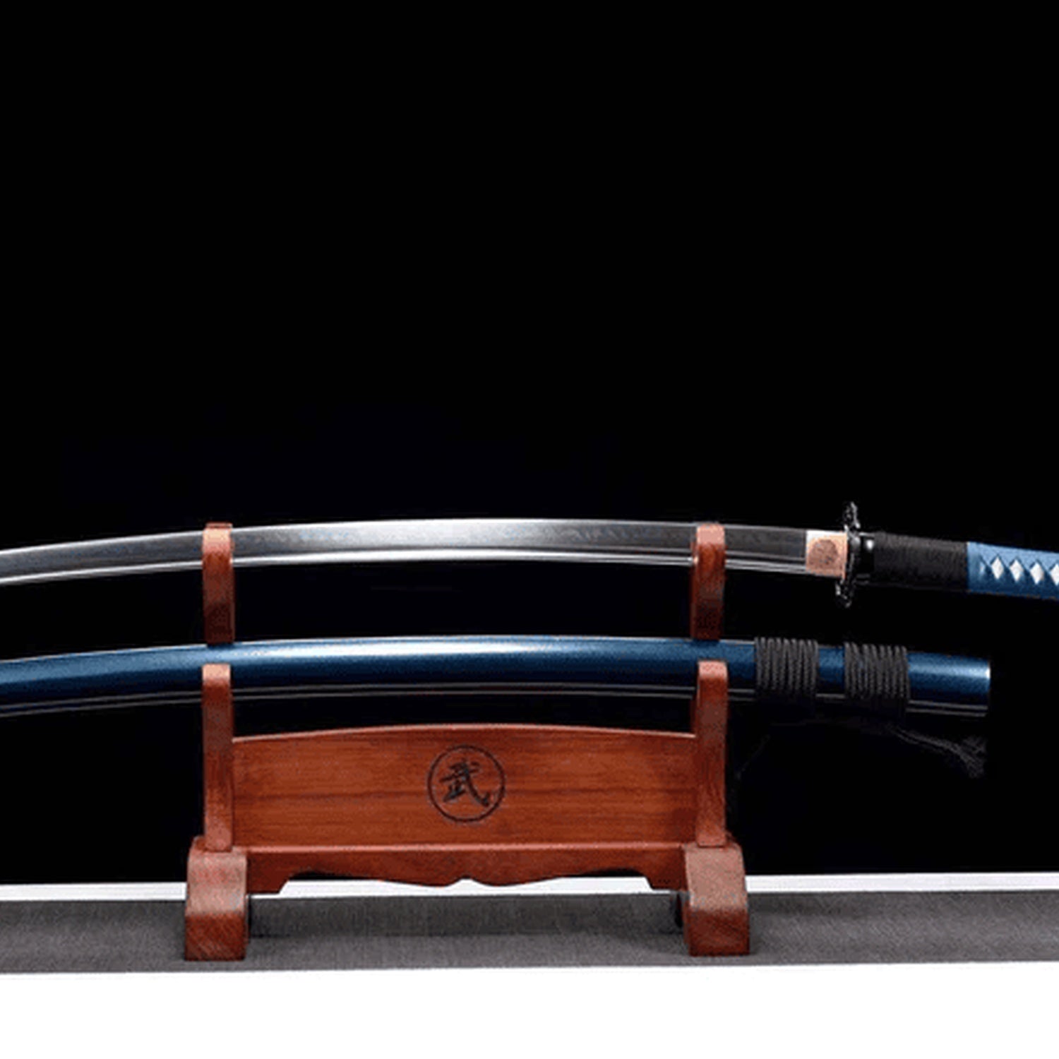 Ocean katana complete set with navy saya, black-gold guard, blue menuki, and natural wood stand