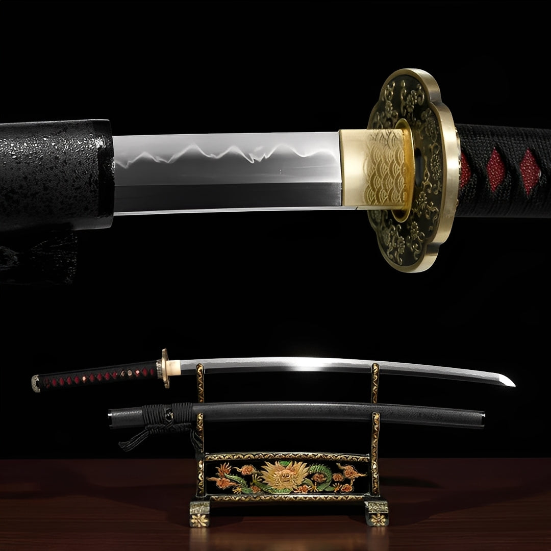 Shinku Raijin katana full view on ornate dragon-peony stand with glossy black saya, horn koiguchi, and polished T8 blade drawn showing gunome hamon