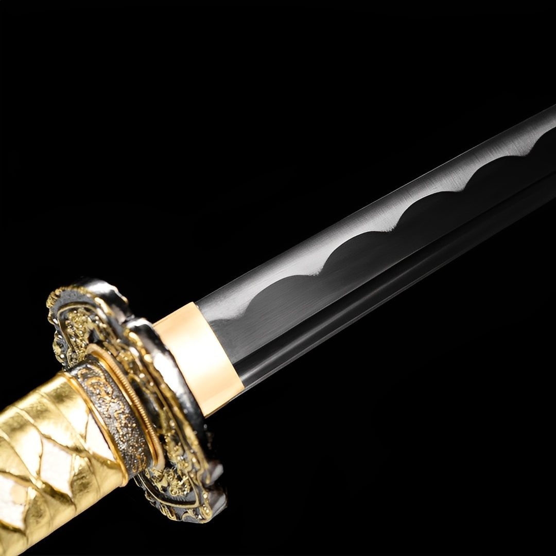 Starfall katana saya detail showing turquoise and gold paint splatter pattern on glossy black lacquer