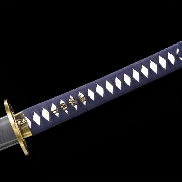 Storm mist katana complete set with gray saya, navy handle, brass guard, and gold-trimmed stand
