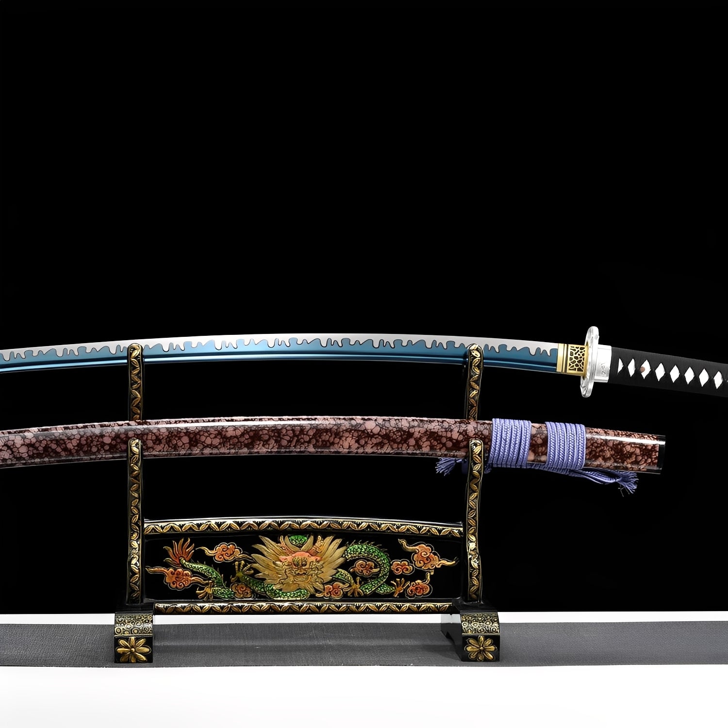 Tectonic katana complete set with dual saya, glacial blue and copper crackle — chrome guard, and gold-trimmed stand