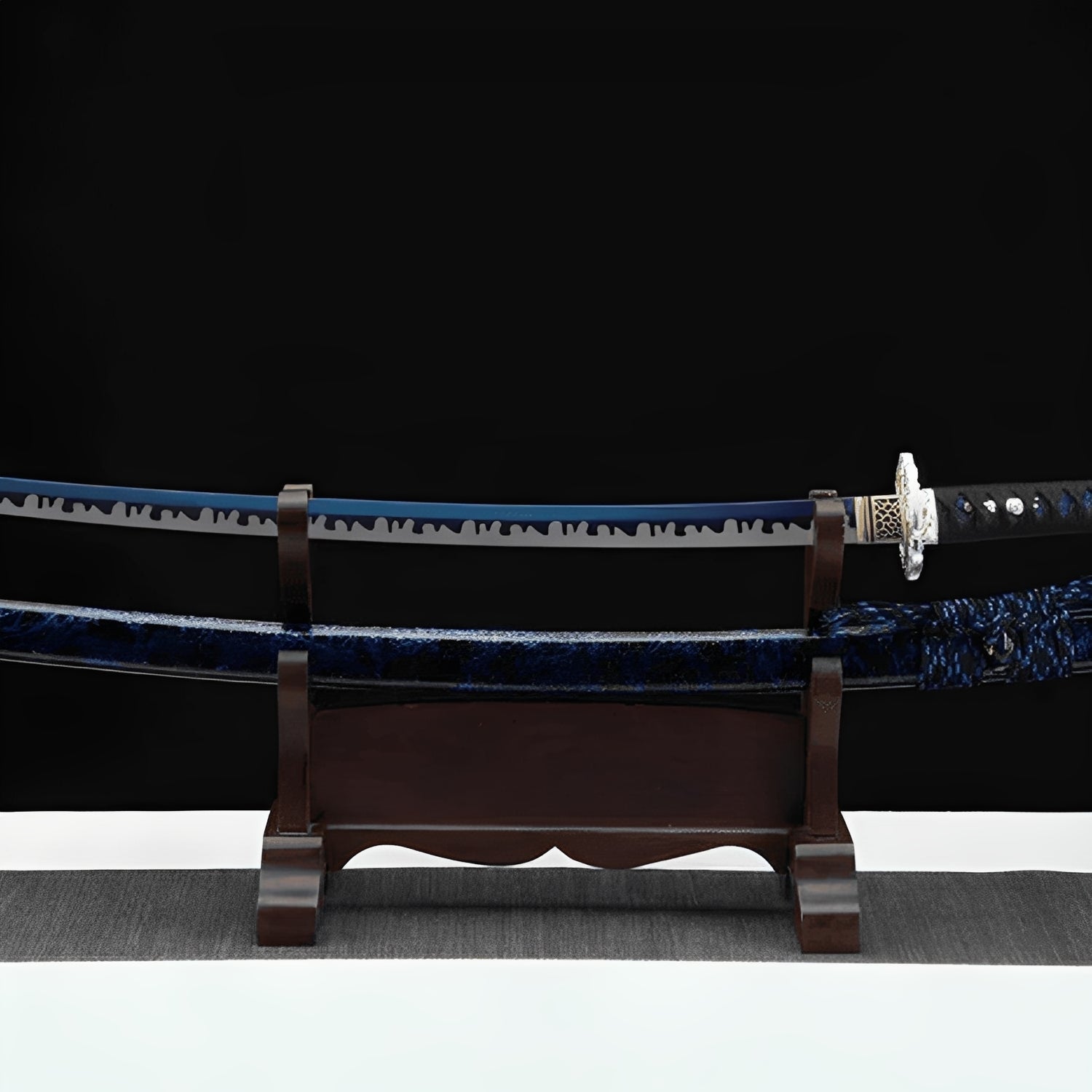Tidal drip katana complete set with navy saya, chrome guard, black-blue handle, and simple wood stand