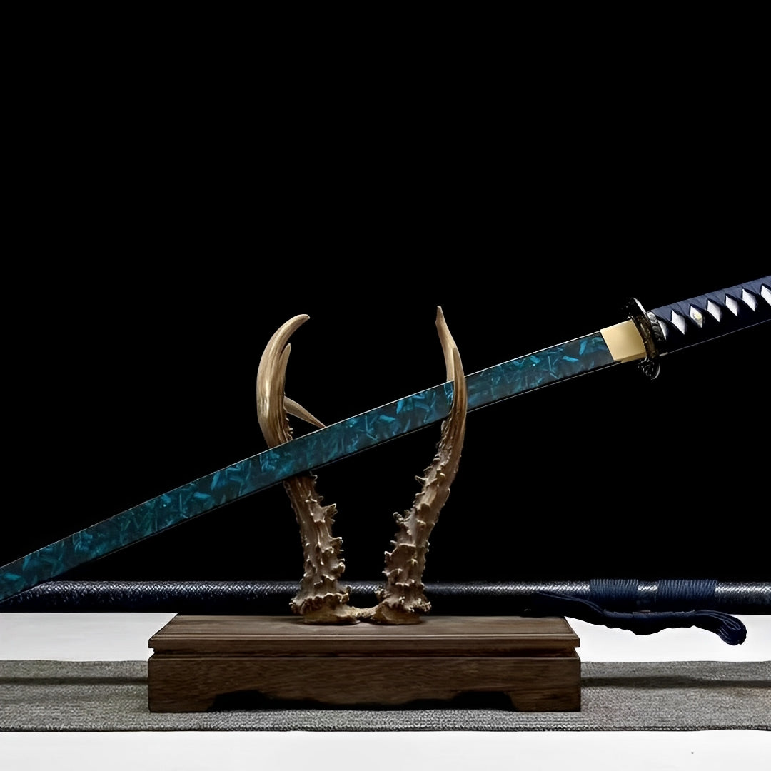Blue Blade katana and scabbard angled on the included stand
