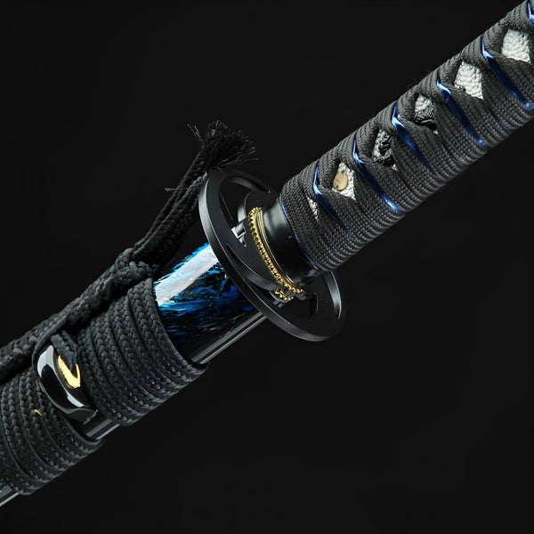 Cyberpunk katana full view on horn-style bronze stand with electric blue marbled saya, black sageo, and gold crescent menuki