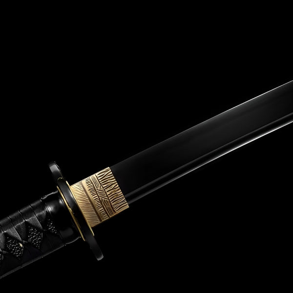 Full black katana 1060 carbon steel blackened blade with iron tsuba and gold habaki accent