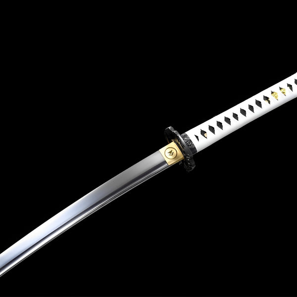 Jin Sakai sword close-up showing iron tsuba with lightning motif and gold Sakai clan crest habaki