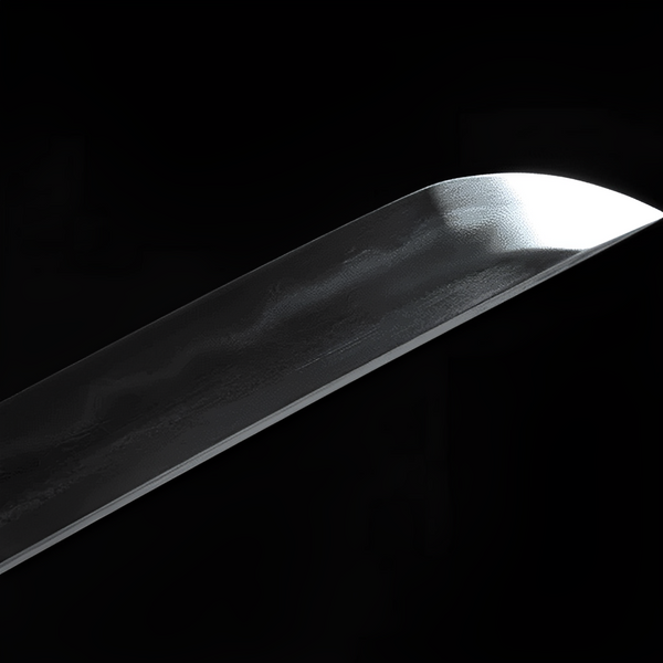 Hanachi katana blade detail showing Damascus grain and notare hamon on hand-polished steel near brass habaki