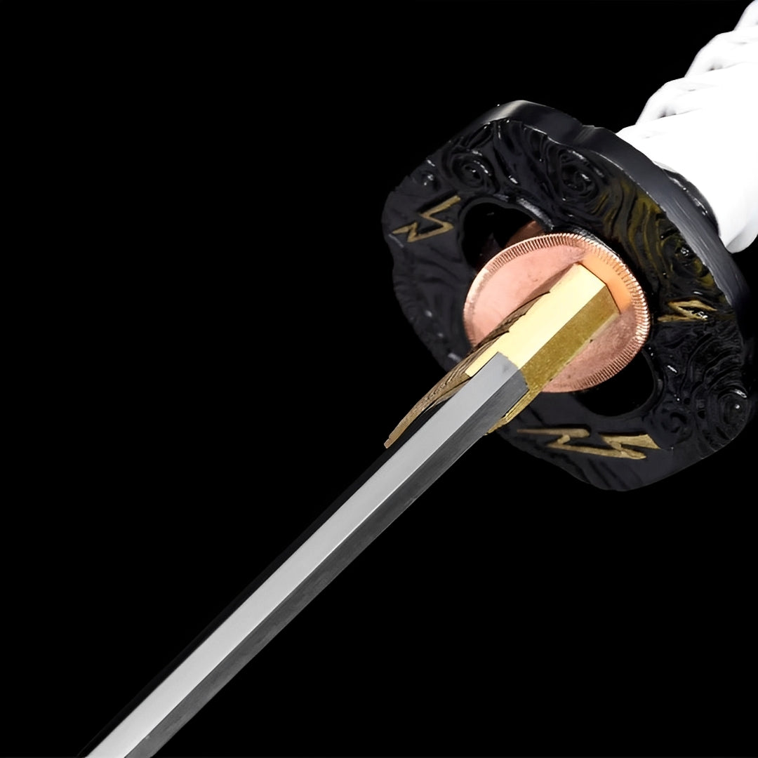 Dark iron guard and polished blade on the Jin Sakai katana