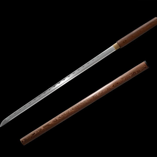 Shizen Ninjato close-up showing polished 1060 steel straight blade with visible hamon emerging from rosewood saya with brass habaki