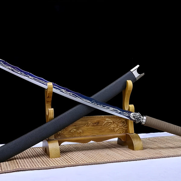 T10 straight sword complete set with chrome dragon guard, sculpted pommel, tan handle, and dark anthracite saya