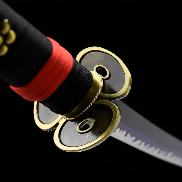 Black Enma katana blade detail showing violet haki flame engravings and white wave pattern on polished 1060 steel