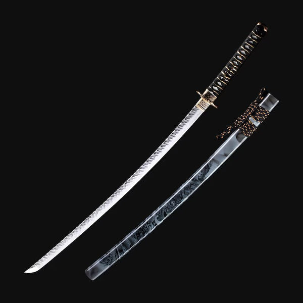 White Damascus katana complete set with dragon-engraved saya, bronze fittings, and red display stand