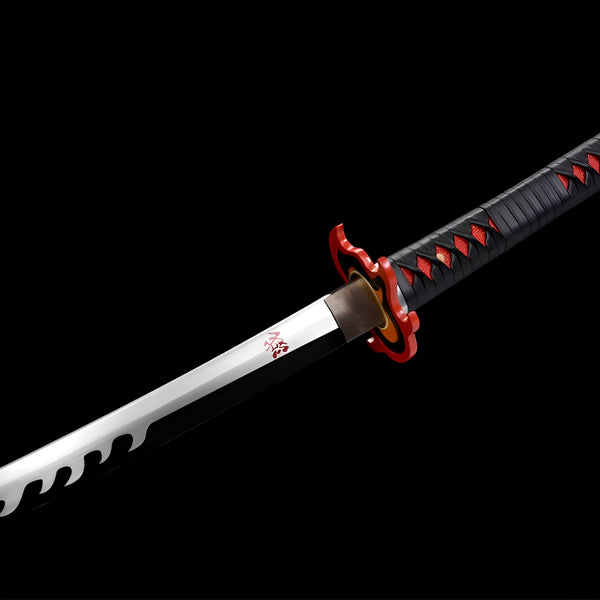 Tanjiro katana 1060 carbon steel blade detail showing polished finish and red 滅 kanji engraving