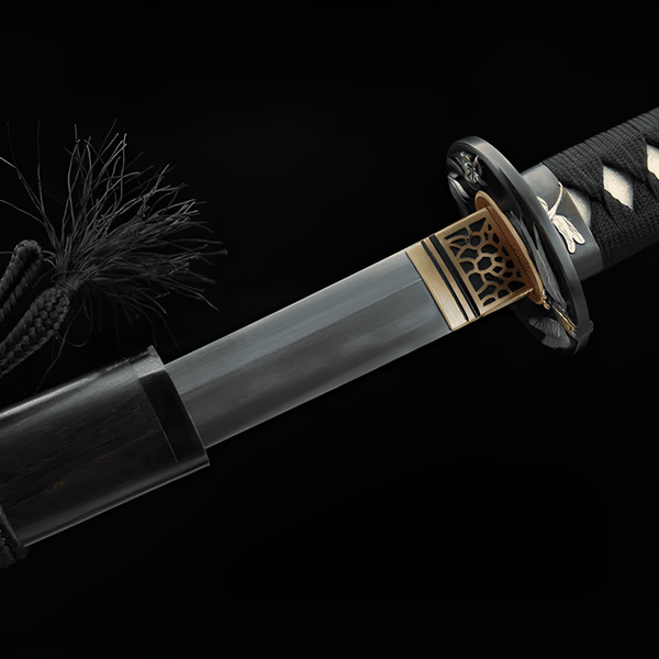 Tombo Katana close-up showing Damascus blade with visible gunome hamon, copper-silver tsuba with sculpted dragonfly and silver leaves, brass openwork habaki, and black ito over genuine white rayskin