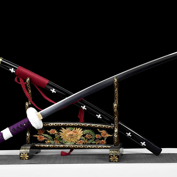 One Piece Trafalgar Law Kikoku katana complete set with purple handle, white crosses on black scabbard, ornate stand