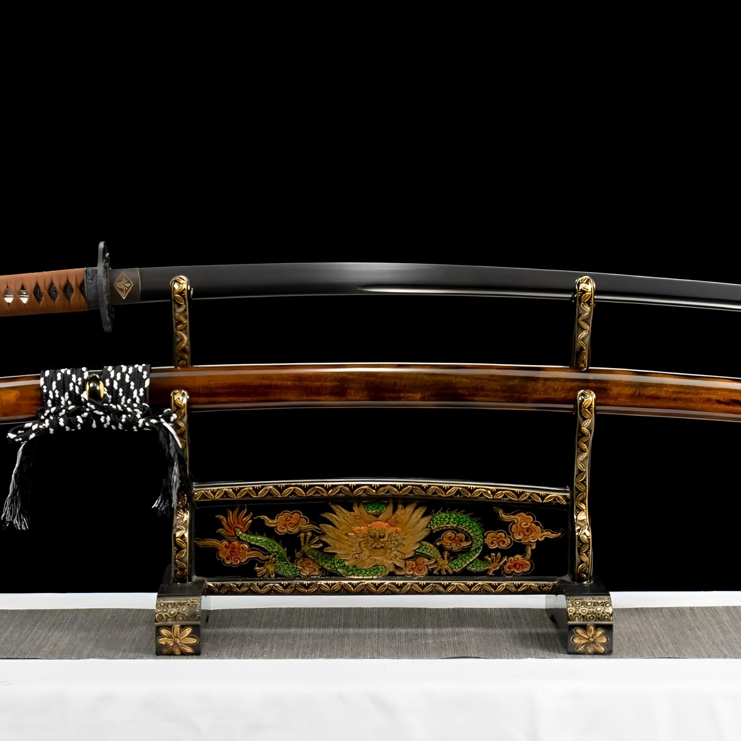 Natural wood katana complete set with amber grain saya, copper guard, tan handle, and gold-trimmed ornate stand