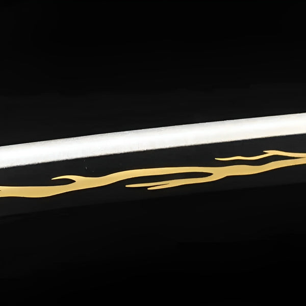 Zenitsu katana 1060 carbon steel blade with etched golden thunder pattern and brass habaki