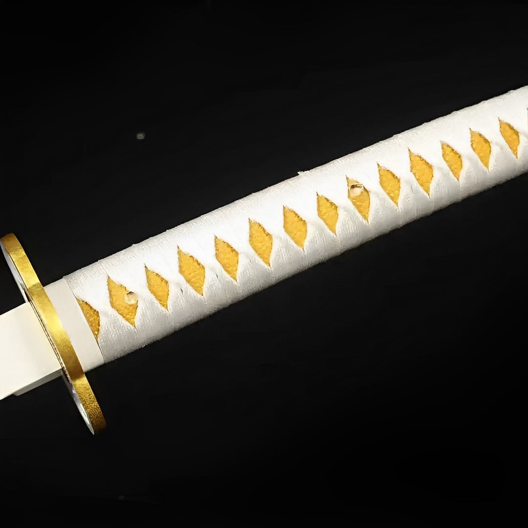White handle wrap over gold-colored material on the Zenitsu katana