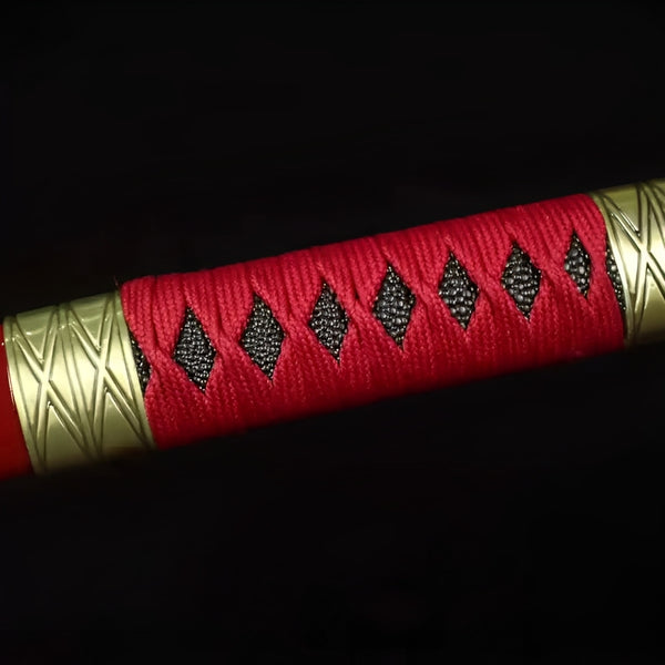 One Piece Zoro katana complete set with red saya, brass kojiri and kurikata, ornate black and gold stand