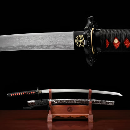 Akanokiba katana full view on natural wood stand with dark brown crackle-texture saya and polished Damascus blade drawn showing full folded grain