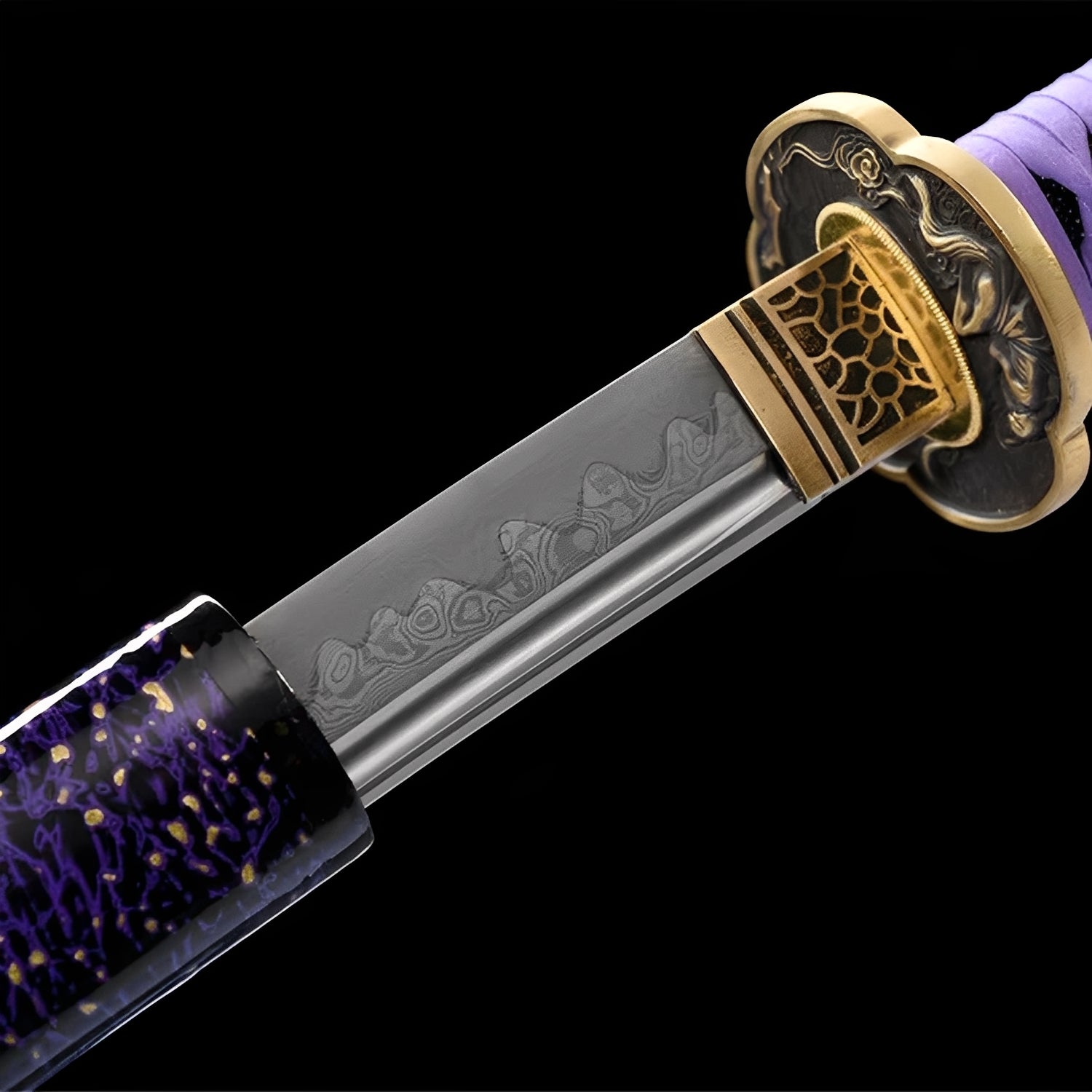 Amethyst Nebula Katana close-up showing Damascus blade with hamon and wave engravings, copper dragon tsuba with gold rim, honeycomb habaki, and purple cotton ito