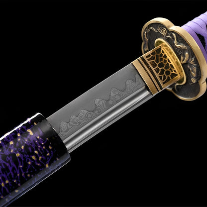 Amethyst Nebula Katana close-up showing Damascus blade with hamon and wave engravings, copper dragon tsuba with gold rim, honeycomb habaki, and purple cotton ito
