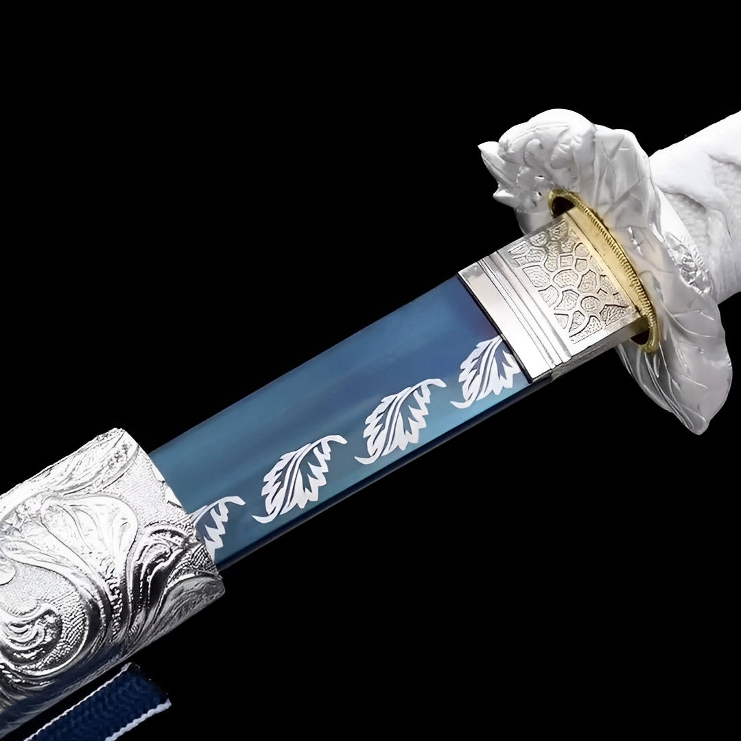 White tiger guard, patterned collar and silver wave scabbard on the Angel katana