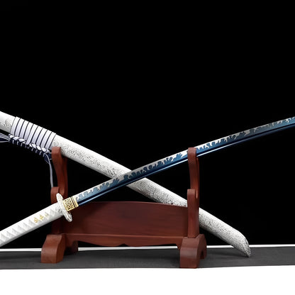 Azure dragon katana complete set with blue flame saya, white carved porcelain saya, white handle, chrome guard, and wooden stand