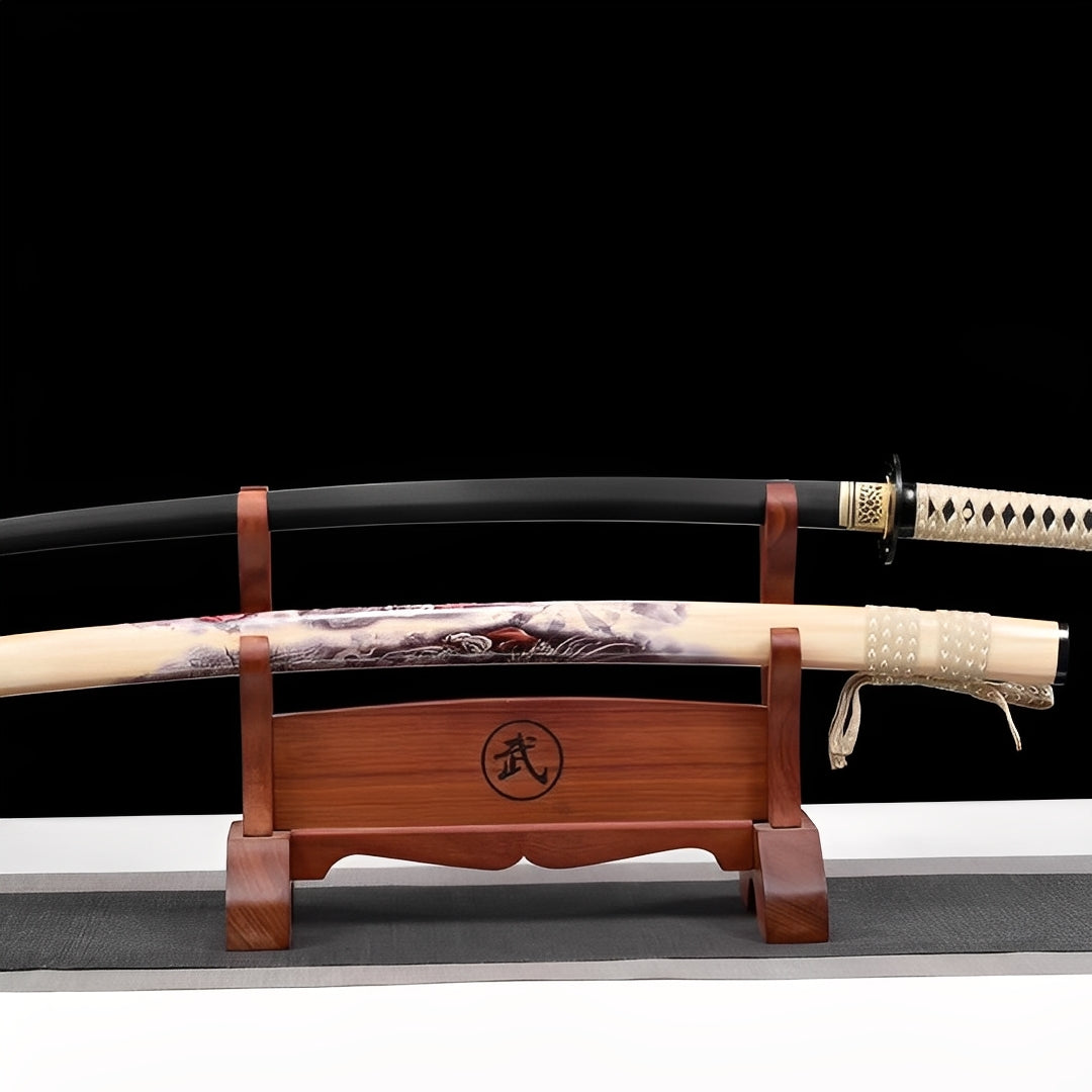 Black blade katana complete set with cream illustrated saya, bronze fittings, cream handle, and natural wood stand