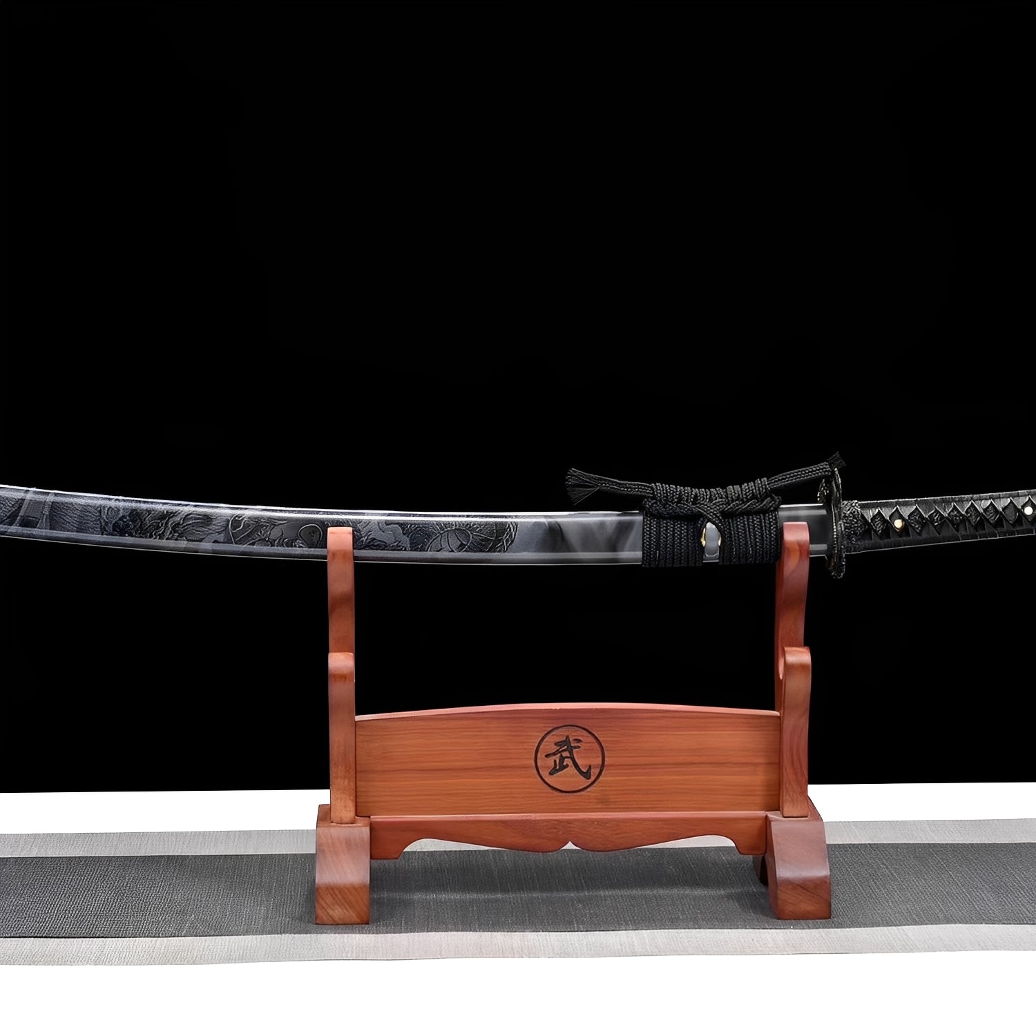 Black thunder fang katana complete set with black lightning saya, black dragon saya, all-black handle, and wooden display stand