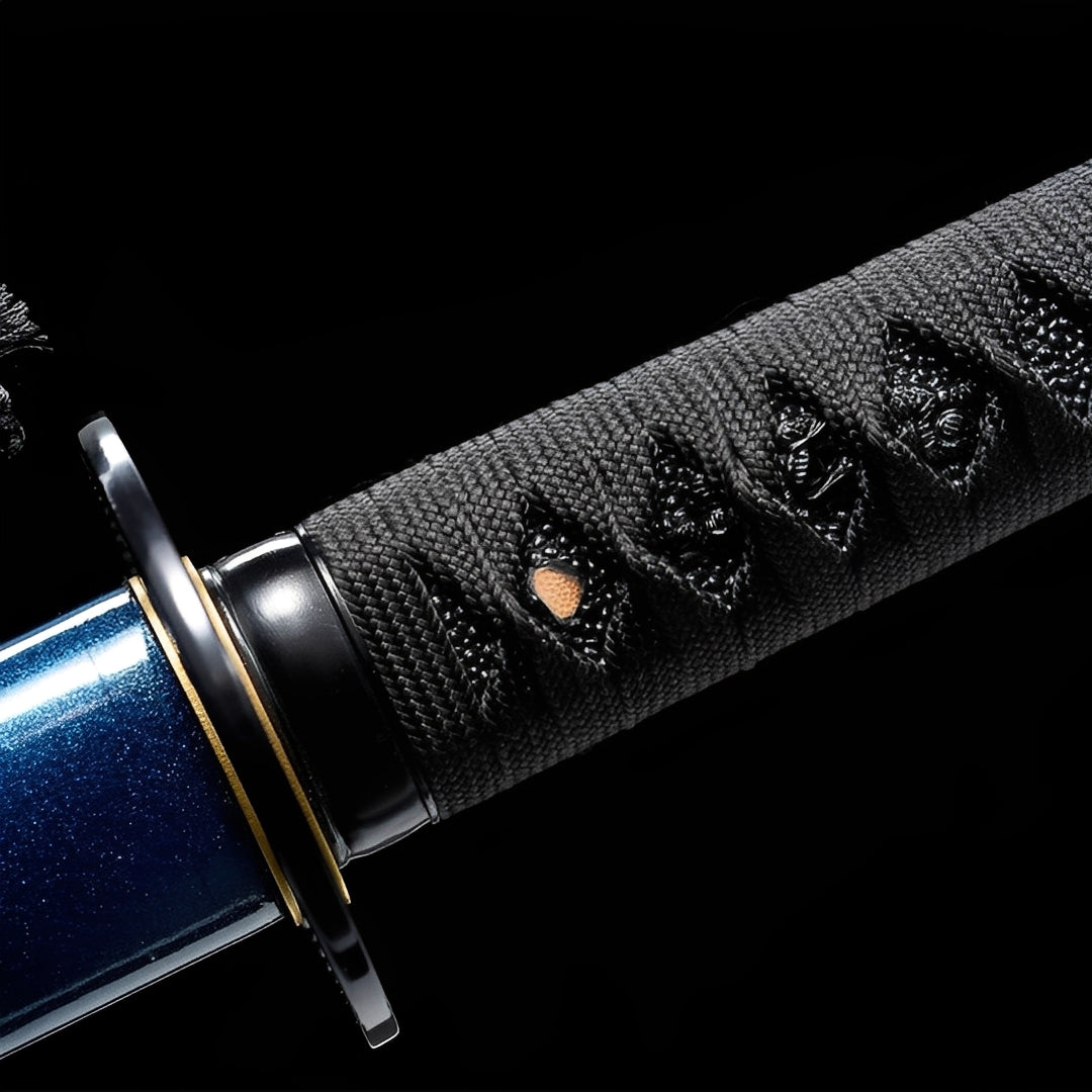 Blue mirror katana complete set with matching azure saya, gold fittings, black handle, and gold-trimmed stand