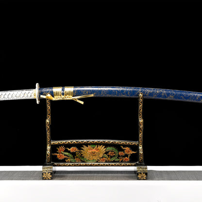 Blue sacred star katana complete set with navy dual saya, platinum white handle, gold sageo, and black-gold display stand