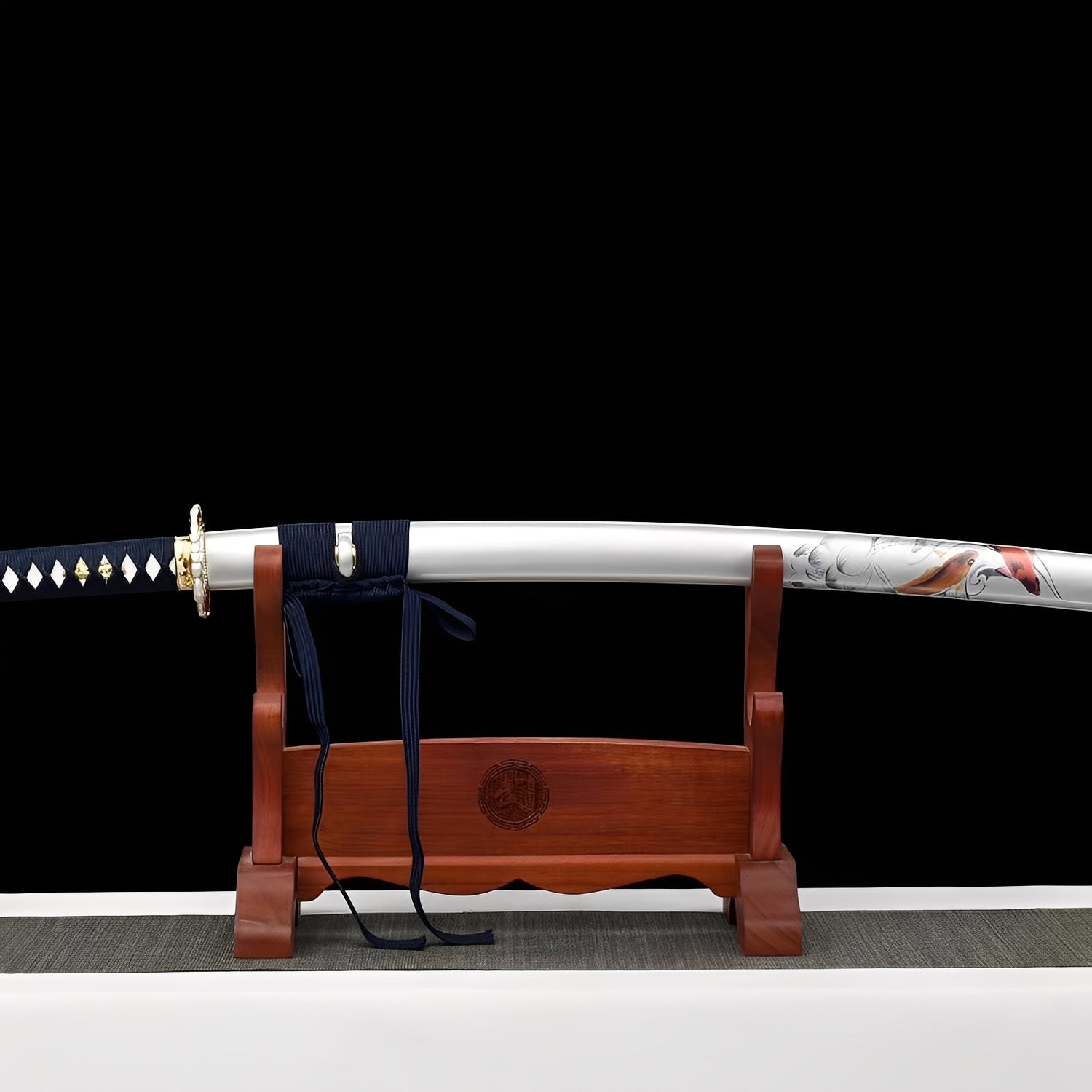 Blue wolf katana complete set with navy saya, white koi saya, navy handle with white diamond menuki, and wooden display stand