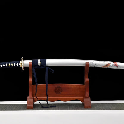 Blue wolf katana complete set with navy saya, white koi saya, navy handle with white diamond menuki, and wooden display stand