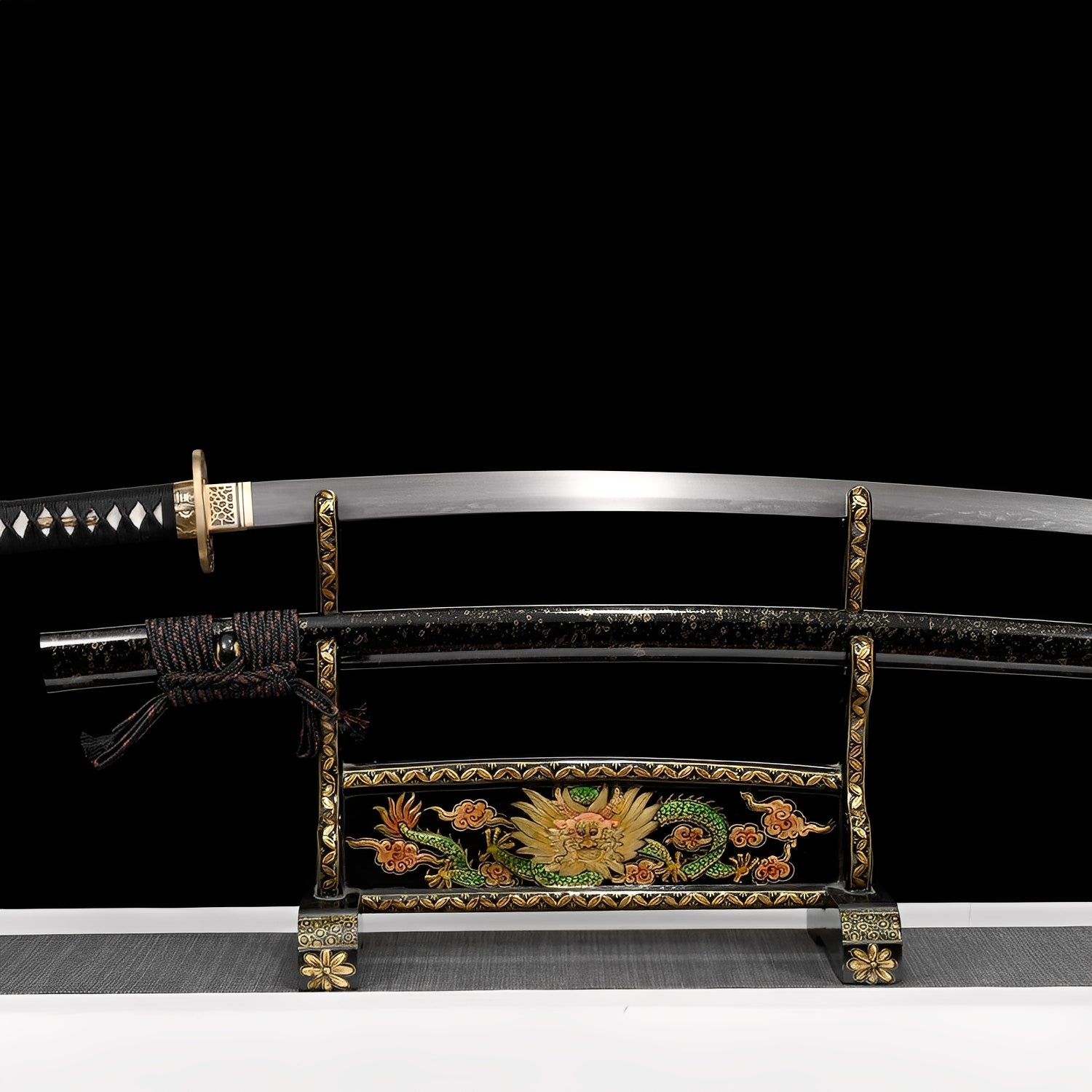 Celestial katana complete set with star saya, bamboo guard, black handle, and gold-trimmed stand