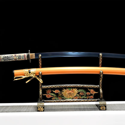 Celestial katana complete set with blue gradient saya, orange peachy saya, polychrome sculpted handle, and gold-trimmed display stand