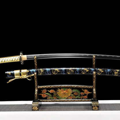 Cosmic katana complete set with splatter saya, chrome dragon guard, gold handle, and gold-trimmed stand